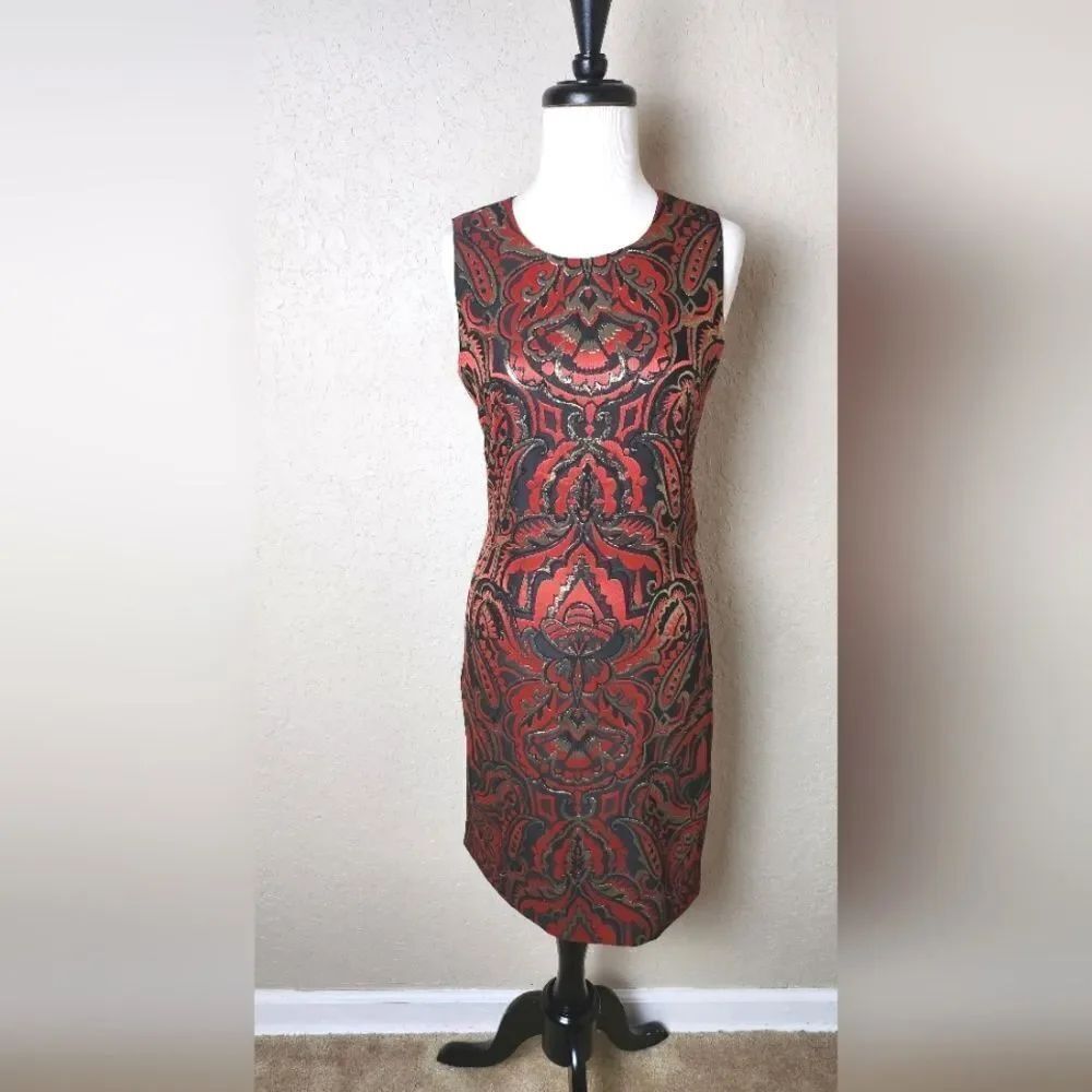 J.Mclaughlin Belinda Westlake Paisley Dress Fiesta Red Metallic Gold Size 2 NWT